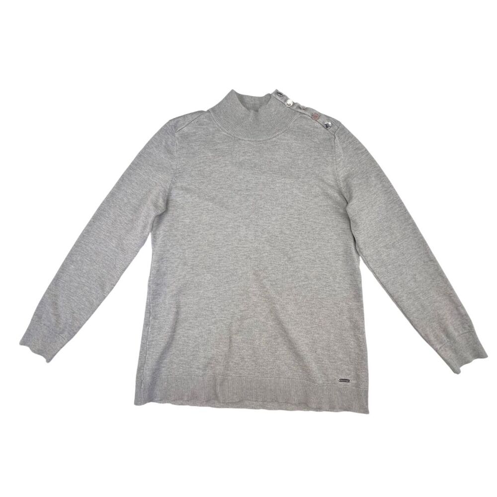 Calvin Klein Top Medium Gray Mock Neck Button Shoulder Minimalist Knit Blouse